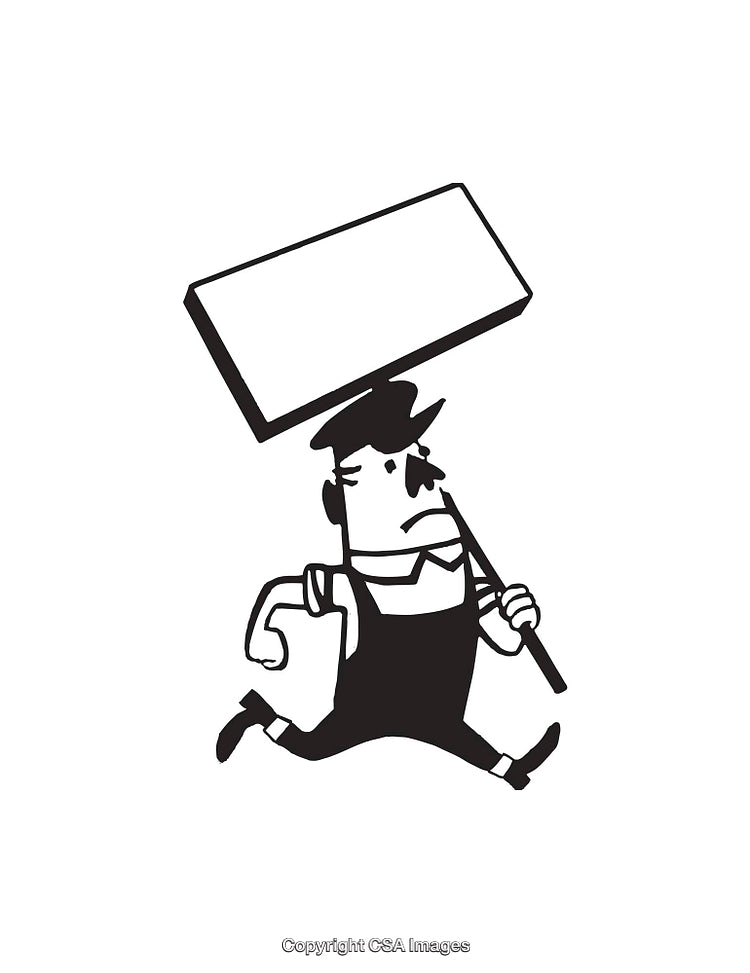 Black and White Line Art of a Worker Holding a Blank Sign