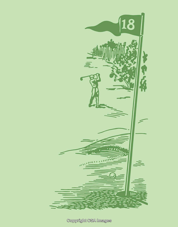 Vintage Green Illustration of a Golfer and Course with 18th Hole Flag