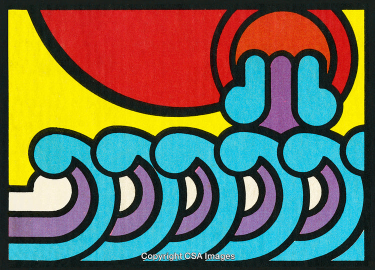 Vibrant Geometric Illustration of Waves and Sun in Bold Pop Art Style