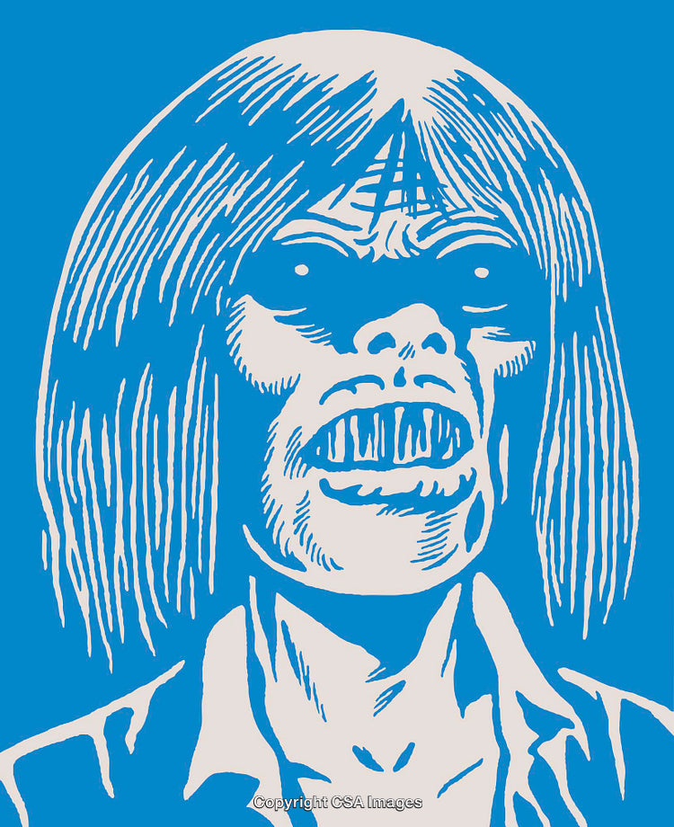 Stylized Illustration of a Unique Character in Bold Blue and White Tones