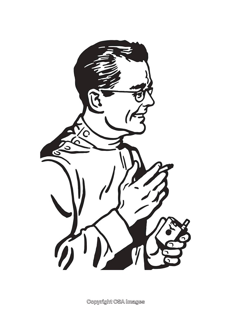 Black and White Line Art of a Man Holding a Device