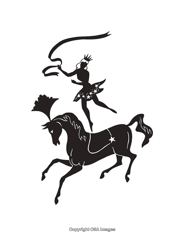 Elegant Silhouette of Fairy Dancing on Horse in Black and White Art