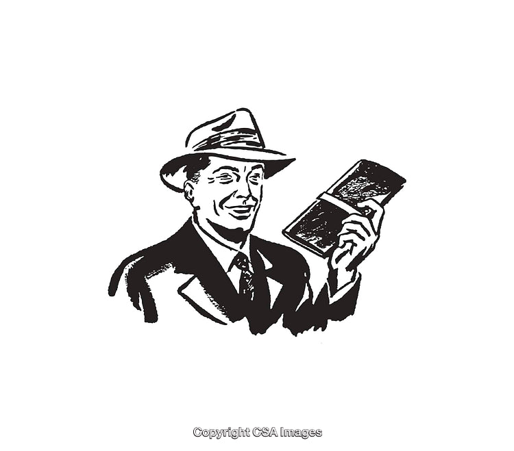 Retro Line Art of Smiling Man in Suit Holding a Book