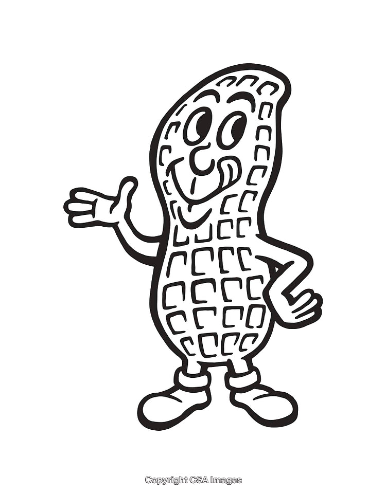 Black and White Illustration of Smiling Peanut Cartoon Character