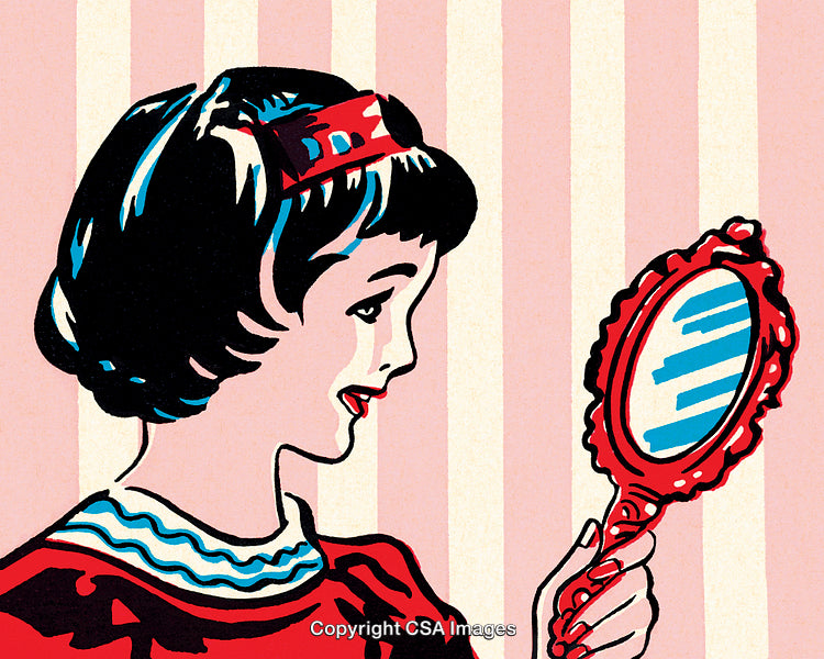 Vintage Illustration of a Woman Admiring Herself in a Handheld Mirror