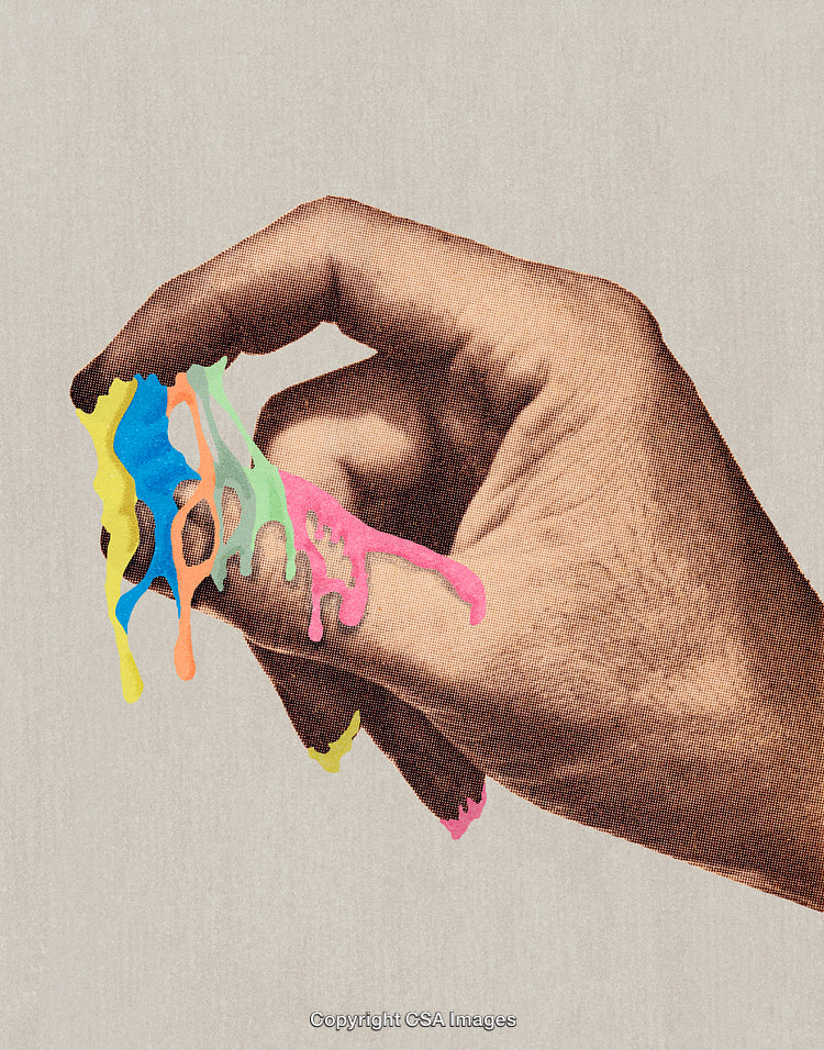 Stylized Hand Holding Colorful Dripping Paint with Halftone Effect