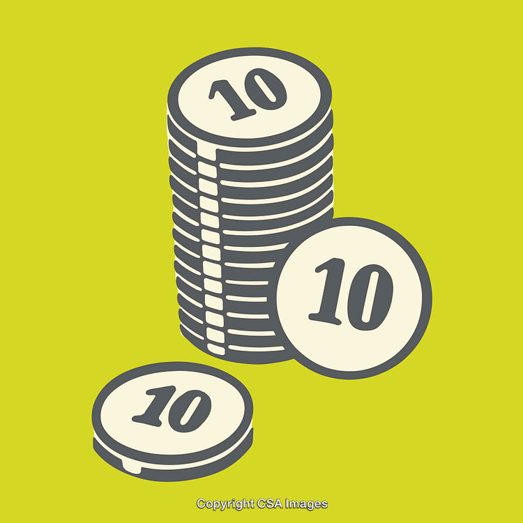 Stack of Ten Value Coins on a Bright Green Background