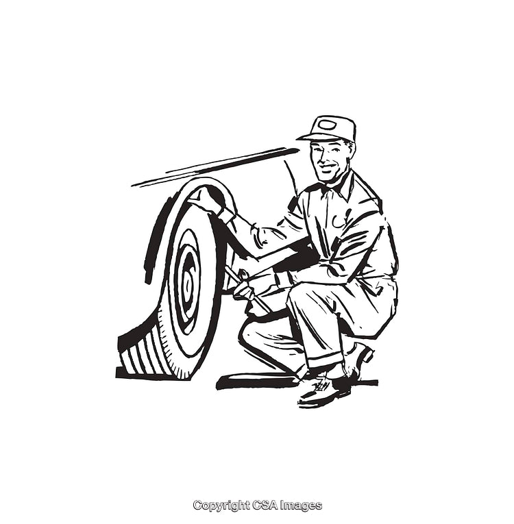 Black and White Line Art of Mechanic Fixing Vehicle Tire