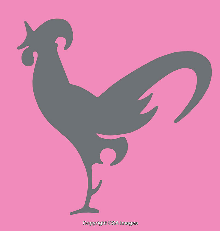 Silhouette of a Rooster in Gray on a Pink Background Design