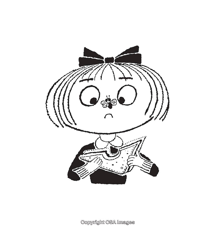 Black and White Line Art of Girl with Sandwich and Humorous Expression