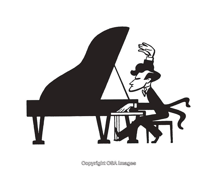 Black and White Line Art of a Pianist Playing a Grand Piano