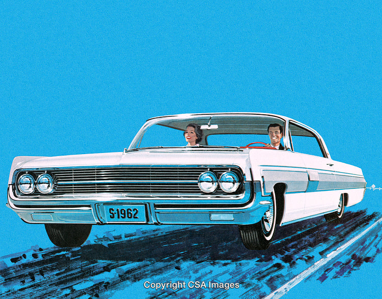 Classic Vintage Car with Couple Driving in Bright Summer Setting