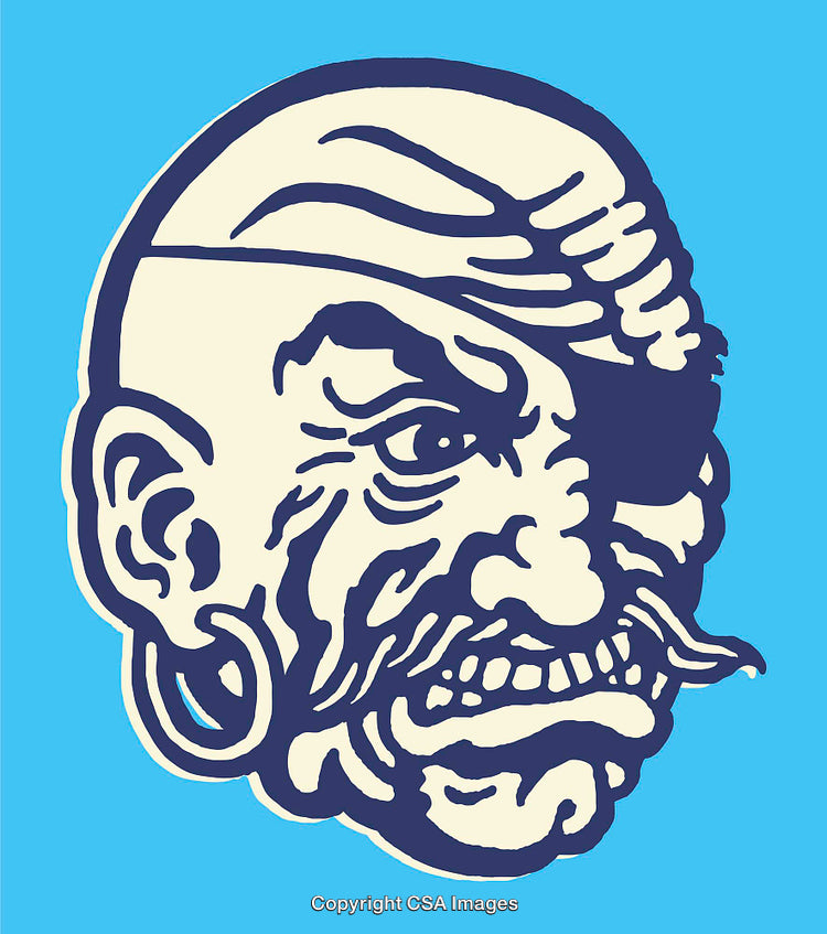 Illustrated Pirate Face Design on Blue Background with Bold Line Art
