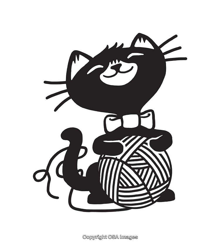 Playful Cat With Yarn Ball Artwork in Black and White