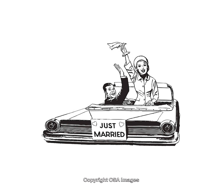 Vintage Line Art Illustration of a Newlywed Couple Driving Just Married Car