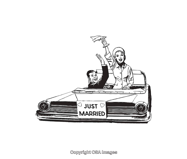 Vintage Line Art Illustration of a Newlywed Couple Driving Just Married Car