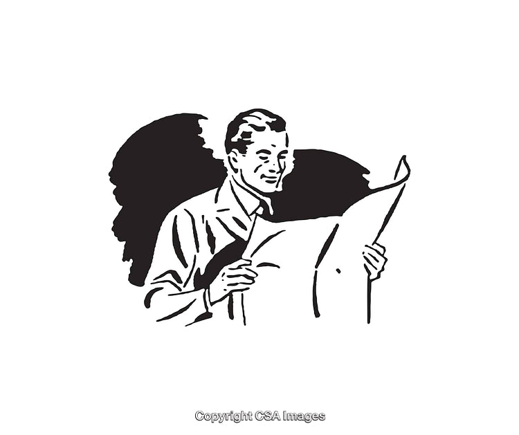 Vintage Illustration of Man Reading a Newspaper in Black and White