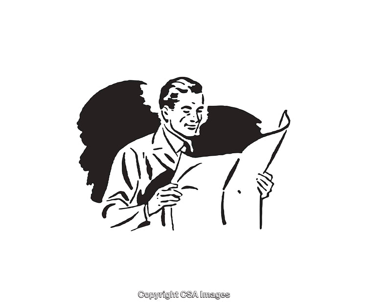 Vintage Illustration of Man Reading a Newspaper in Black and White