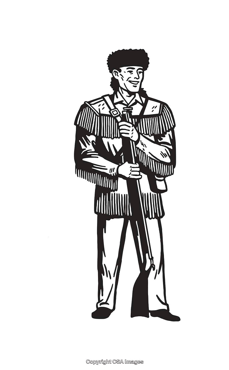Black and White Illustration of a Frontier Hunter Holding a Rifle