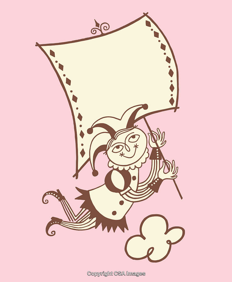 Whimsical Jester Character Holding a Large Decorative Flag Illustration