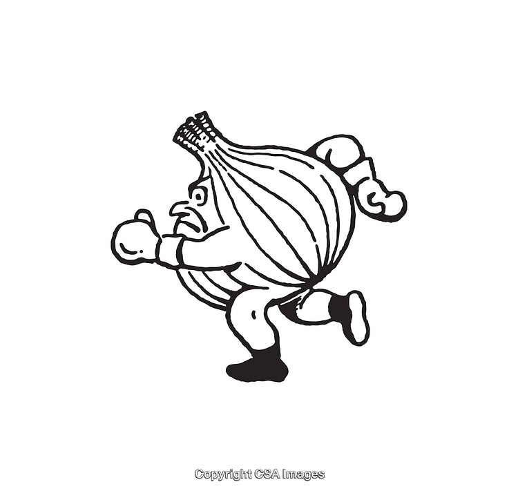 Cartoon Onion Character Running in Boxing Pose with Determined Expression