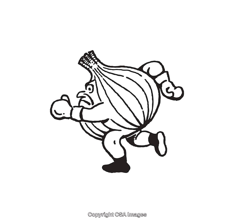 Cartoon Onion Character Running in Boxing Pose with Determined Expression