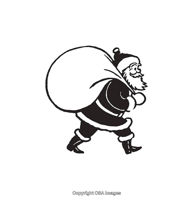 Black and White Line Art of Santa Carrying a Sack