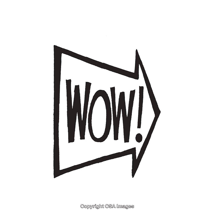 Bold Hand-Drawn Wow Symbol in Black and White Arrow Design
