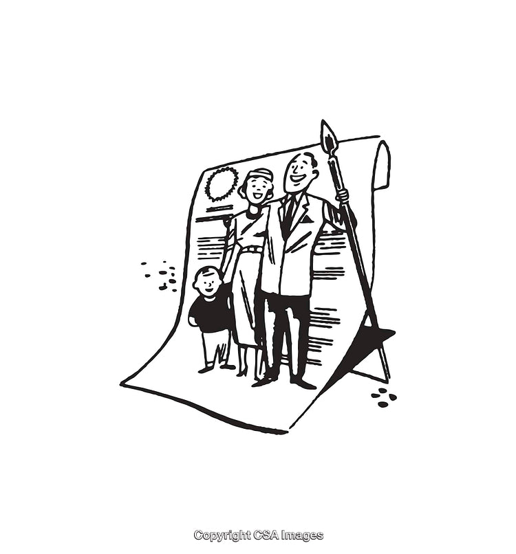 Black and White Line Art Illustration of a Happy Family Scene