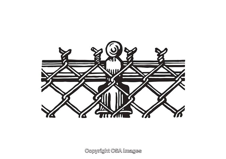 Detailed Black and White Illustration of a Chain-Link Fence with Barbed Wire