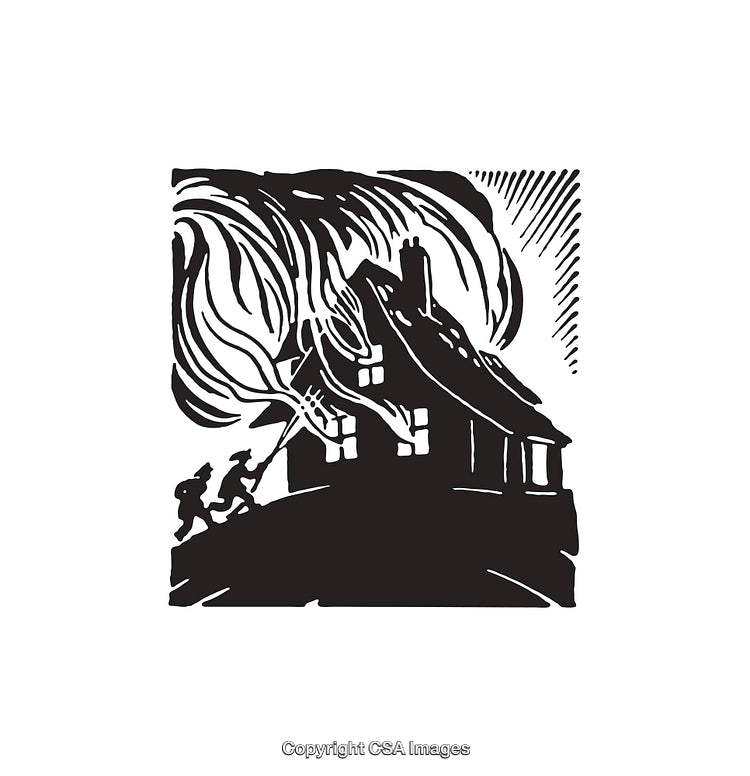 Black and White Illustration Depicting a Fire Scene with Firefighters