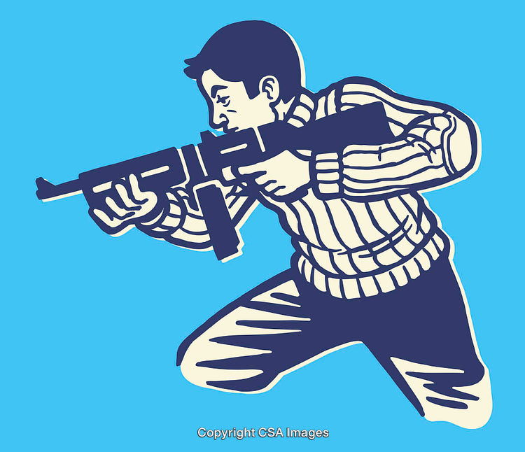 Dynamic Line Art Illustration of an Armed Individual Aiming in Action