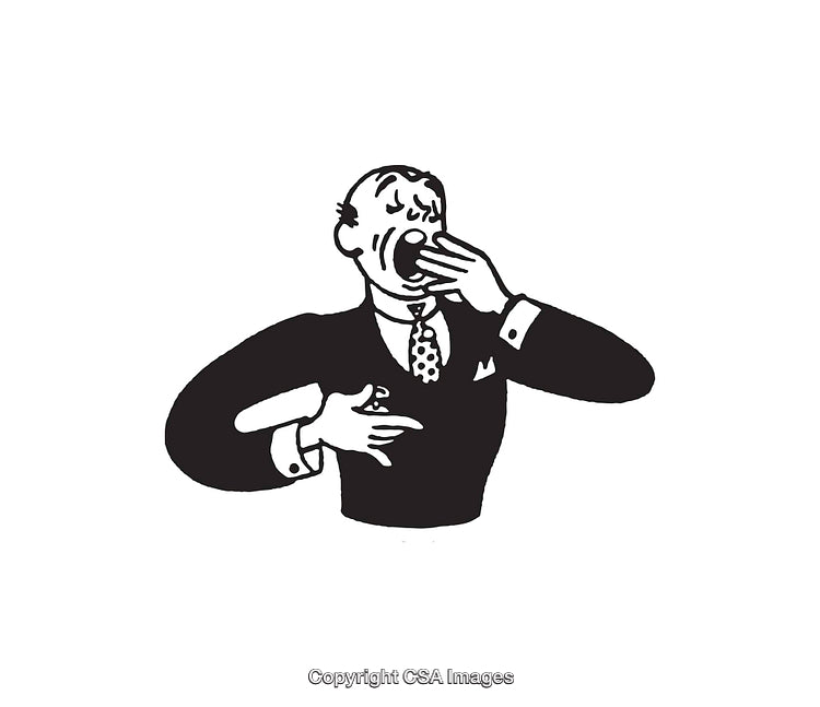 Black and White Line Art of Yawning Businessman Gesture
