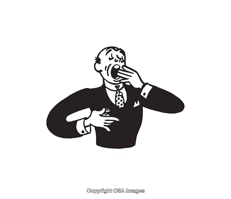 Black and White Line Art of Yawning Businessman Gesture