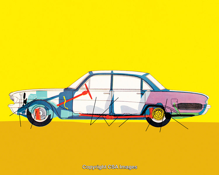 Vibrant Artistic Illustration of a Colorful Car on a Bold Yellow Background