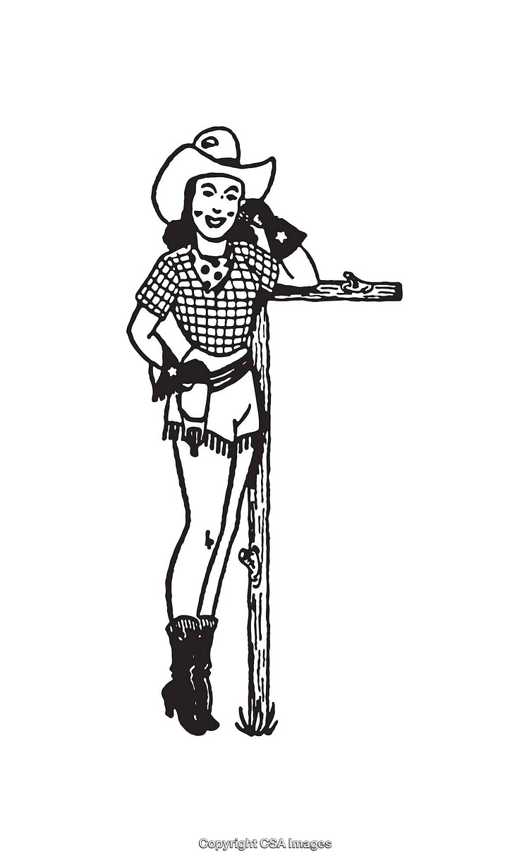 Cowgirl Illustration Leaning Against Wooden Post in Black and White Line Art