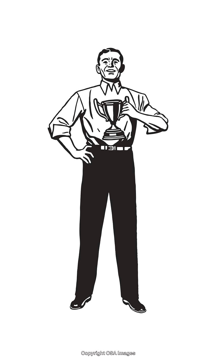 Line Art Illustration of a Man Holding a Trophy in a Victory Pose