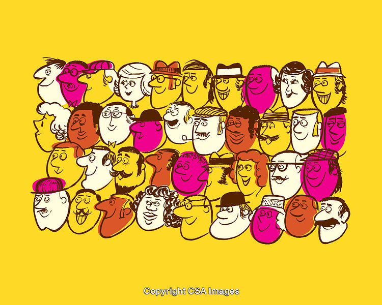 Colorful Portrait Collage Showcasing Diverse Cartoon Faces on a Yellow Background