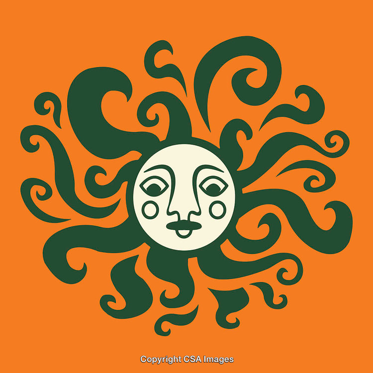 Stylized Sun Illustration with Abstract Swirls on Orange Background
