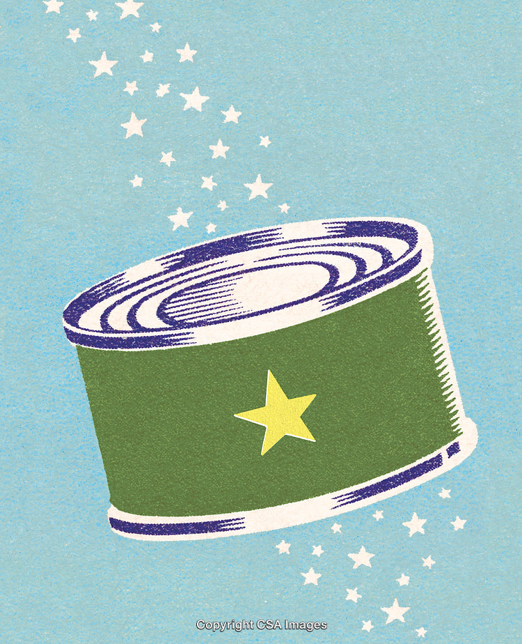 Retro-Style Illustration of Tin Can and Stars on Blue Background