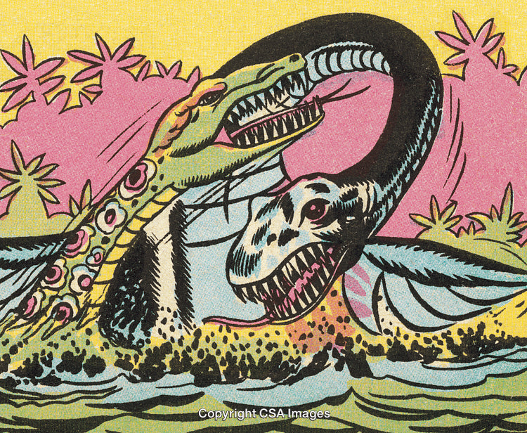 Vintage Illustration of Two Prehistoric Sea Creatures Battling in a Vibrant Scene