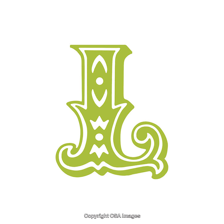 Decorative Green Letter L with Ornate Design on White Background