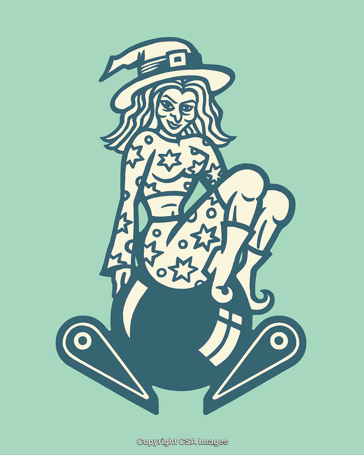 Illustrated Witch Sitting on Magical Object with Playful Style