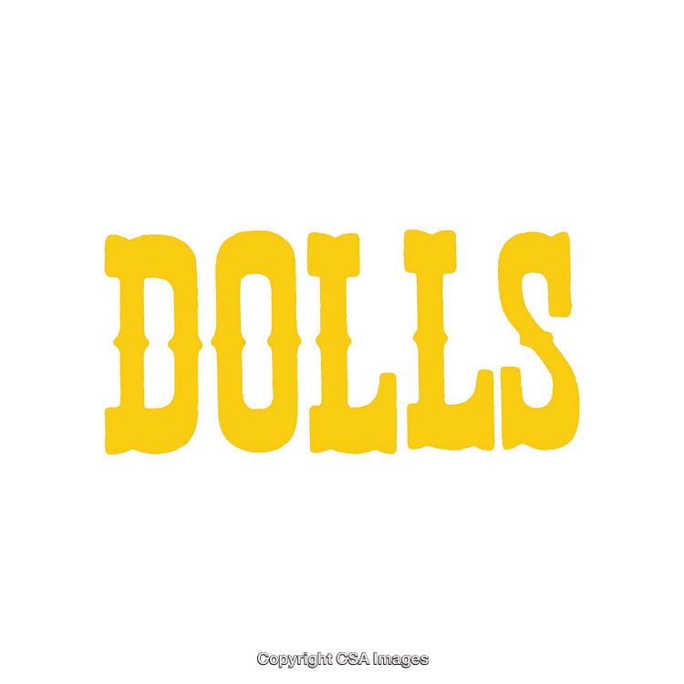 Yellow Text Featuring the Word Dolls on a White Background