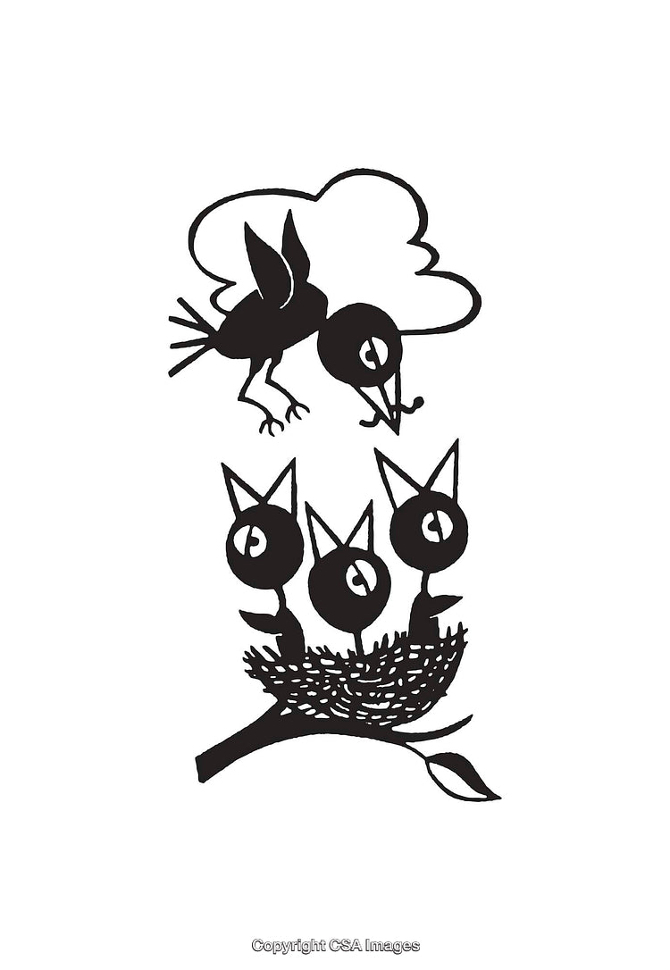 Black and White Illustration of Bird Feeding Chicks in Nest