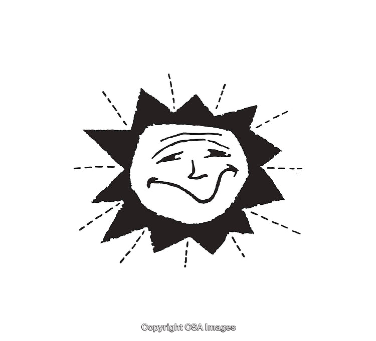 Black and White Illustration of a Smiling Sun with Radiant Rays