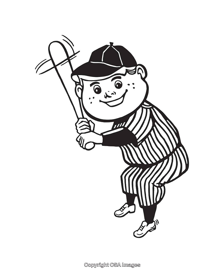 Illustration of a Happy Boy Playing Baseball in Classic Line Art Style
