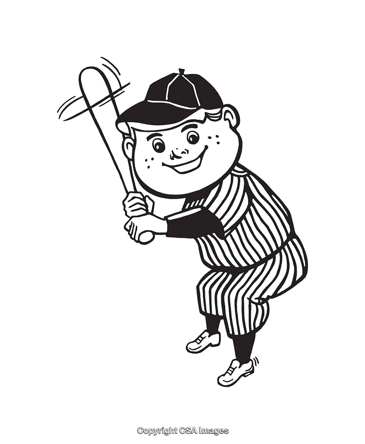 Illustration of a Happy Boy Playing Baseball in Classic Line Art Style