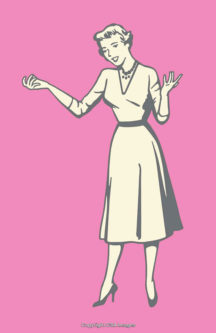 Retro Woman Gesturing in Elegant Dress on Pink Background