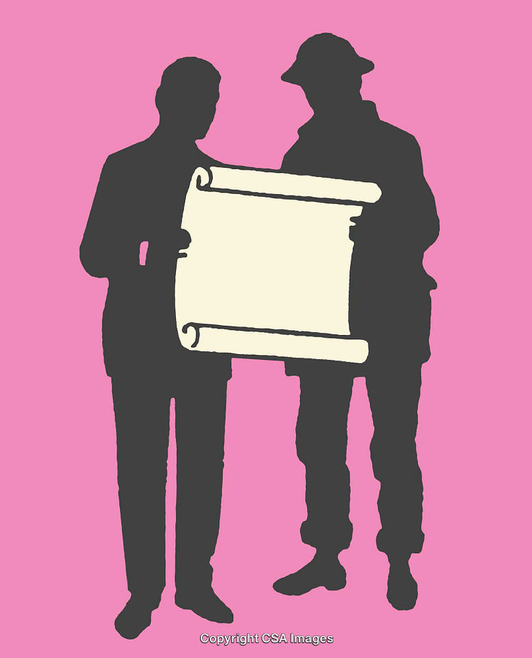Two Professionals Reviewing Blueprint Plans on a Pink Background